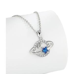 Collier Saturne spatial avec pierre bleue en forme d'étoile, chaîne en cuivre plaqué argent, pendentif planète, anneau, bijoux fantaisie pour femmes, cadeau - Product Image 3