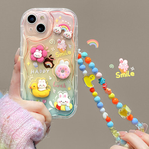 <span class=keywords><strong>Coque</strong></span> de téléphone portable en TPU motif dessin animé pour <span class=keywords><strong>iPhone</strong></span> 15/16 avec porte-cartes antichoc et cordon de suspension 3D Lapin - Product Image 1
