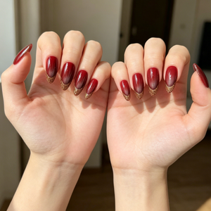 Uñas postizas francesas con purpurina roja efecto ojo de gato - Product Image 1