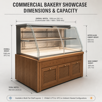 Vitrine de boulangerie commerciale en verre courbé avec base en bois massif à persiennes pour présentation de pâtisseries