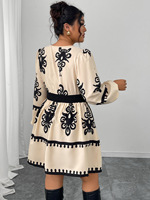 Robe Mini Décontractée Grande Taille pour Femme, Imprimé Vintage, Col Rond, Découpe Goutte d'Eau, Manches Longues Ballon, Taille Haute Élastique, Coupe Trapèze