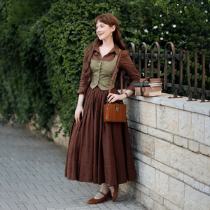 וינטג 'סגנון וינטג פשתן חומה אלגנטיות עם שרוול ארוך עיצוב רטרו ללבוש מדי יום שמלת מקסי נשים - Product Image 3