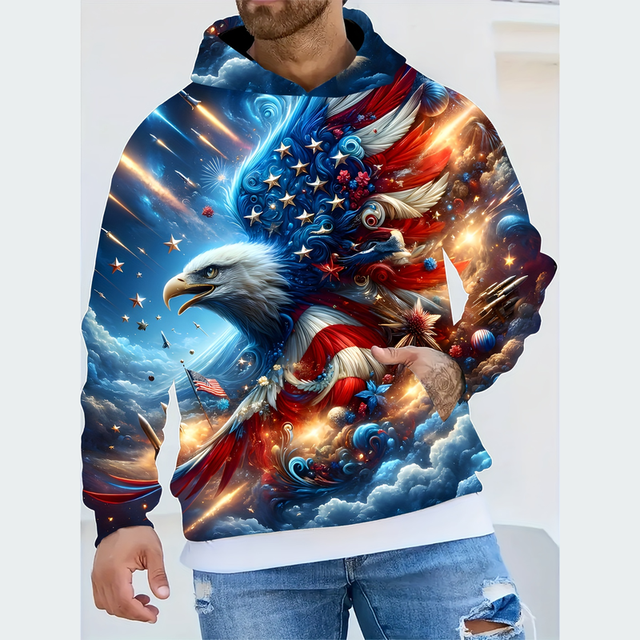 3d Digital Printing Eagle Animal Pattern Loose Casual Drawstring Men's Hoodie
