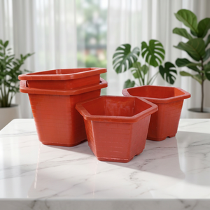 Pot de fleurs hexagonal en plastique, design texture brique, couleur rouge terre cuite, pour jardin, pépinière, maison, balcon, décoration, vente en gros, petite taille - Product Image 1