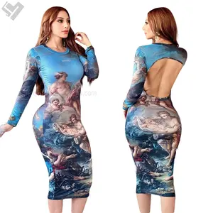 2023 New Designer Print Fall Women Clothing Sexy Long Sleeve Bodycon Midi Dress Ladies Elegant Cut Out Backless Casual Dress