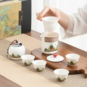 Porzellan Kung Fu Tee <span class=keywords><strong>Set</strong></span> von 6 Keramik Tassen Topf und Glas Neujahrs geschenk Teekanne Tragbare Reise Quick Cup Tee <span class=keywords><strong>Set</strong></span> - Product Image 3