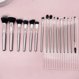 16pcs Sparkly Silver Makeup <b>Brush</b> Set Vegan Synthetic Hair Wood Handle Custom Logo Face Concealer Fan Professional <b>Brushes</b> - Product Image 1