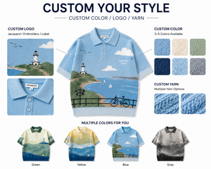 Polo in Maglia Personalizzata per <span class=keywords><strong>Uomo</strong></span> 12GG, Motivo Paesaggistico Jacquard, Maglione in Cotone a Maniche <span class=keywords><strong>Corte</strong></span>, Basso MOQ - Product Image 5
