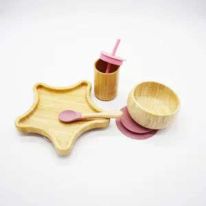 Juegos de vajilla para niños, cuencos y platos de alimentación de silicona orgánica, juego de vajilla de bambú para bebés con cuchara, tenedor, tazón, taza, plato, babero, alfombrilla