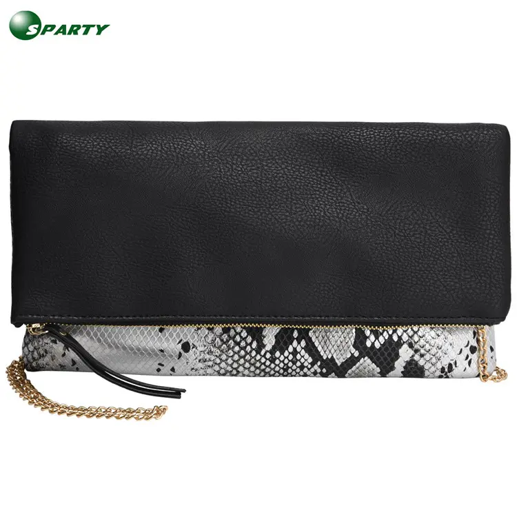 Custom Logo PU Leather Snake print Clutch Bag Purse by Metal Look Clutch Bags and Purse for Women Fashion with Long Metal Chain