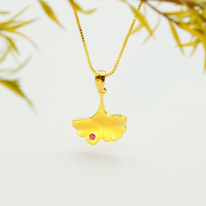 Exquisito Collar con Colgante de Hoja de Ginkgo en Oro Sólido de 9K/14K/18K con Acento de Zafiro Rosa para Regalo, Joyería de Cumpleaños - Product Image 3