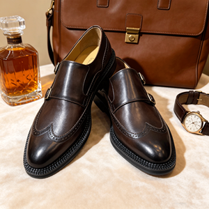 Italian Designer Brown <strong>Brogue</strong> Double Monk Strap Shoes for <strong>Men</strong>, <strong>Tan</strong> Groomsmen Wedding Shoes, the Most Versatile Shoe - Product Image 4