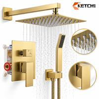 Système de douche pluie mural avec pommeau de douche à effet pluie, douchette à main, mitigeur et robinet de dérivation en laiton pour salle de bain