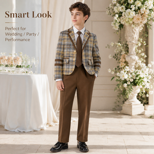 Ensemble de Costume 4 Pièces pour Garçons : <span class=keywords><strong>Blazer</strong></span> à Carreaux, Chemise, Cravate, Pantalon – Tenue Formelle Extensible pour Enfants et Adolescents, Style Gentleman, Mariage, Preppy – Vente en Gros OEM - Product Image 3