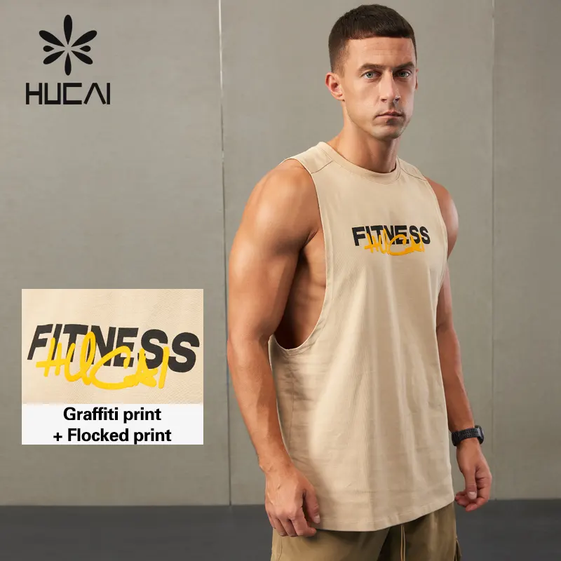 HUCAI OEM ODM individuelle Baumwolle Sorona Graffiti-Druck Logo Herren atmungsaktiv Singlet Fitness Gym Running Tank Top für Herren