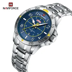NAVIFORCE 9204S SBES jam tangan pria, dengan panggilan biru besar kuarsa Jepang jam tangan tali baja tahan karat pabrik OEM