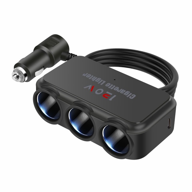 Car Charger QC3.0 Fast Charging USB PD 90W 12-24V Input One-to-Three Cigarette Lighter Conversion Plug with USB and Type-C Ports