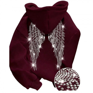 Rhinestone Angel Wings Hoodie Unisex Maroon Cotton Knitted Casual Autumn Pullover Sweatshirt, Custom Rhinestone Craft Available - Product Image 1