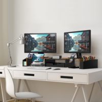 Support double moniteur réglable Simple Houseware avec tiroir en bois rustique couleur café