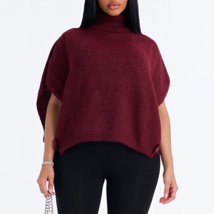 Pull poncho col roulé bordeaux pour femme, cape en tricot à col haut, pull oversize à manches chauve-souris, collection automne-hiver, vente en gros, personnalisable - Product Image 1
