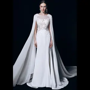 Romantic Cape Bridal Gowns Elegant Lace Applique Bride Dress Fit and Flare Wedding Dress for Girls