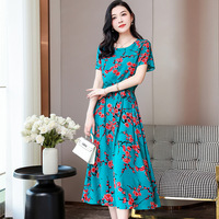 Femmes Plus Size Floral Print Dress O-neck Belted Maxi Dress Short Sleeve Nouveau