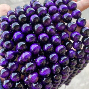 Ungu mata harimau 4 /6 /8 / 10/12mm warna-warni mata harimau batu permata alami manik-manik batu untuk gelang kalung perhiasan DIY