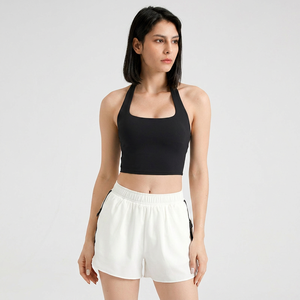 Wholesale Women Square Neck Halter Yoga Tank <b>Top</b> Ruched <b>Back</b> Quick Dry Stretch Removable Chest Pad Pilates Fitness Crop Vest - Product Image 1