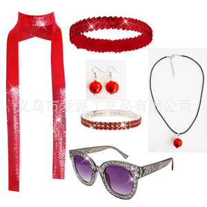 Disco Party Jewelry <b>Set</b> Pink Sequined Headband Scarf Necklace Earrings <b>Bracelet</b> Sunglasses Women's Fashion Accessory - Product Image 5