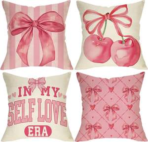 Funda de Almohada con Lazo Rosa, Diseño Estético de Corazón de Cereza para Decoración del Hogar de Niñas, Diseño de Cuadrícula a Rayas en la Era de Mi Amor Propio - Product Image 1