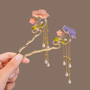 Épingle à cheveux en métal ornée de fleurs en strass et de pompons de perles pour femmes chinoises, accessoire de coiffure de mariée, fourche à cheveux, outil de coiffage de mariage - Product Image 1