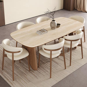 Table à manger ronde en bois massif de style vintage avec plateau en travertin pour salle à manger - Product Image 2