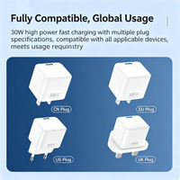Cargador Rápido GaN de 30W con Puerto Único PD 3.0 PPS USB C, Enchufe para EE. UU., UE, Reino Unido y China, para iPad, Laptop y Teléfonos 16, 15, 14 Pro Max