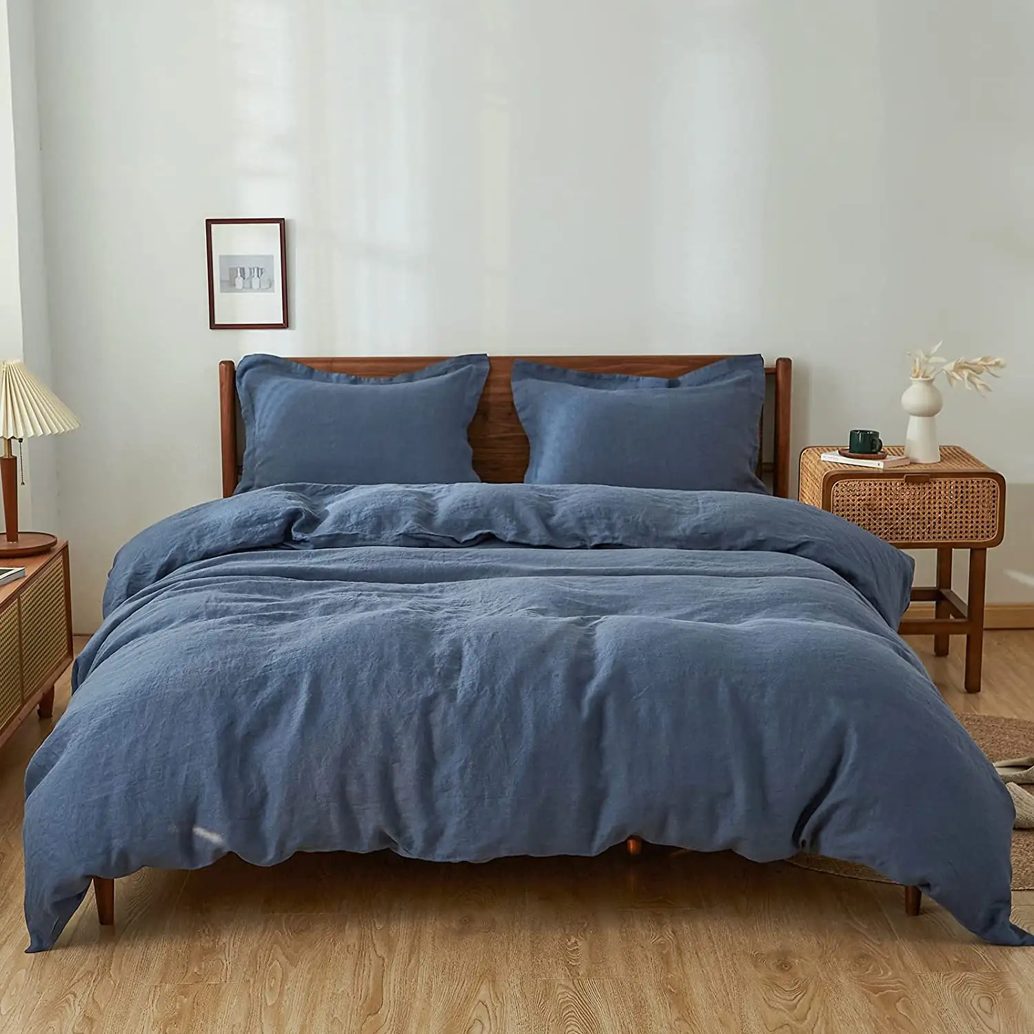 Amazon 100% linen bedding set factory supplier 104TC Percale linen bedspreads wholesale custom linen flat sheet fitted duvet set