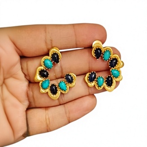 Beautiful Gold Plated Flower Huggie <b>Earrings</b> With Turquoise And <b>Black</b> Stones For Women Bohemia Style Party Wear - Product Image 2