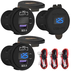 Chargeur de voiture étanche PD + QC3.0 double prise de chargeur USB 6A 12V prise de chargeur de voiture avec bouton et câble pour bateau automobile