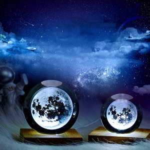 Boule de cristal de quartz créative, ornement en cristal de lune, lumière de nuit illuminée gravée en <span class=keywords><strong>3D</strong></span> avec base carrée, cadeau décoratif de bureau - Product Image 3