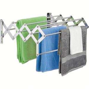 Fold-Away Movable Stainless Steel Wall Mounted Home Bathroom Balcony <b>Laundry</b> Clothes Airer Drying Rack Retractable Hanger Dryer - Product Image 5