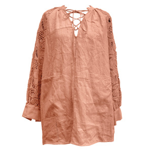 Olaesa moda de alta calidad 100% camisa de lino puro manga larga bordado ganchillo recorte diseño blusa mujeres Tops blusa de lino - Product Image 2