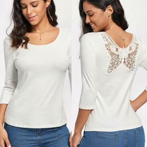 T-shirt moulant à manches trois-quarts en dentelle blanche pour femme, col rond, tricoté, décontracté, collection printemps-été - Product Image 1