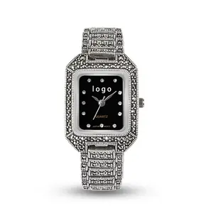 Phụ nữ xem sang trọng hình chữ nhật đồng hồ 925 Sterling bạc trang sức cổ tay Watch Pave Marcasite