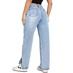 Jeans de Pierna Recta de Cintura Alta Personalizados para Mujer |   Pantalones Vaqueros Tejidos Transpirables con Lavado Enzimático Ecológico |   Vaqueros casuales con abertura lateral - Product Image 5