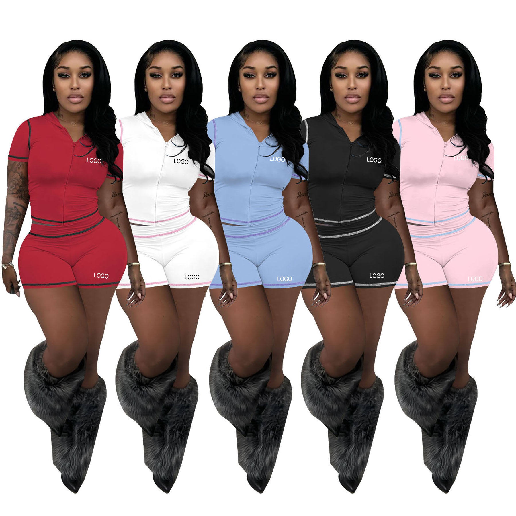 Private Label Solid Piece Womens Tracksuit Set Outfit Bike Shorts Sets  Stretch Women Clothing Women Casual Set