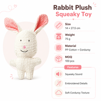 Jouet en peluche couineur lapin en velours côtelé OEM 14x27,5cm, animal en peluche avec visage brodé, en coton PP doux pour chats, chiens, bébés et enfants, cadeau