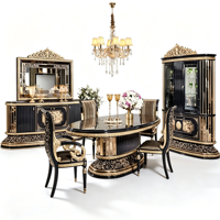 Elegantes Schwarz-Gold Luxus Antik Esszimmer-Set Französisch Geschnitztes Holz Sideboard Spiegelschrank KD Villa Wohnmöbel