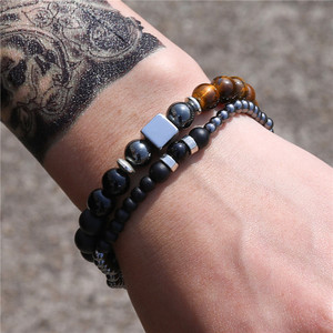 Ensemble de bracelets œil de tigre et hématite pour hommes, perles noires mates, cube argenté, élastique, pierres précieuses, bijoux faits à la main, vente en gros - Product Image 5