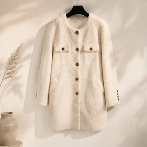 <span class=keywords><strong>Manteau</strong></span> mi-long en laine pour <span class=keywords><strong>femme</strong></span>, style Teddy, col rond, boutons dorés en relief, poches à double rabat, coupe ample, vêtement d'extérieur d'hiver - Product Image 2