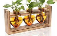 Dropshipping Shopify Vase hydroponique créatif encadré en bois Vase en verre transparent à cœur coloré pour décoration de fleurs à la maison
