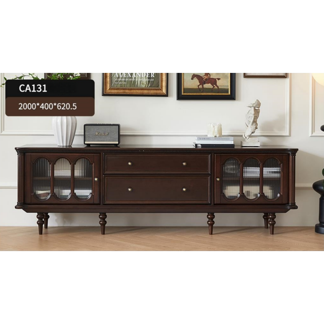 Vintage French Retro Solid Wood TV Cabinet with Drawers Storage Black Walnut Finish Multi-Functional for Living Room & Bedroom