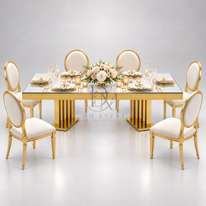 Table de salle à manger de luxe en acier inoxydable doré avec plateau en verre miroir et base à double lamelles, idéale pour les projets hôteliers et de banquets - Product Image 2